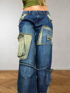 Jean cargo patchwork évasé vert d'eau style années 90