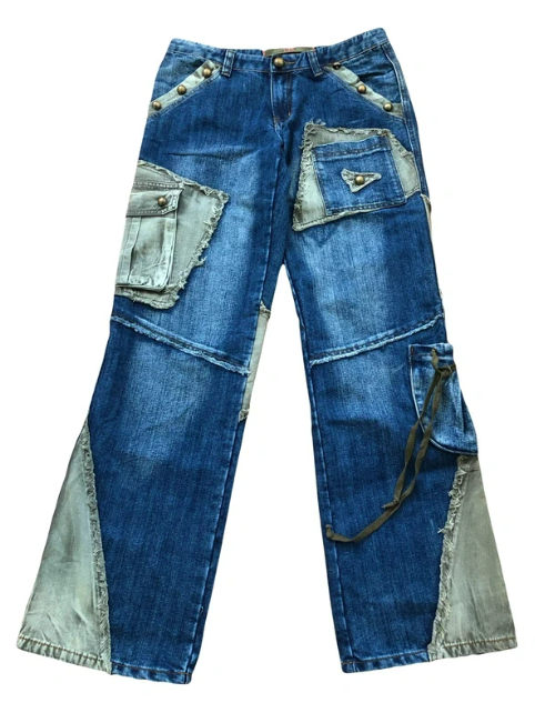 Jean cargo patchwork évasé vert d'eau style années 90