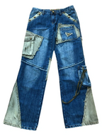 Jean cargo patchwork évasé vert d'eau style années 90