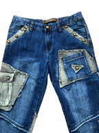 Jean cargo patchwork évasé vert d'eau style années 90