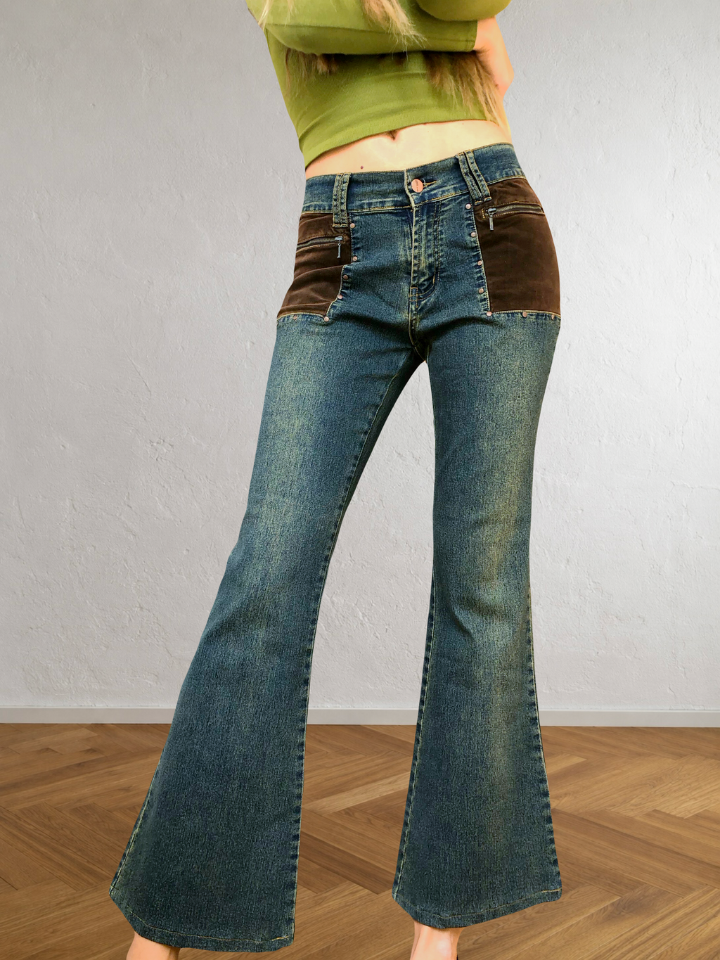 Jeans patchwork a coste marroni anni 90