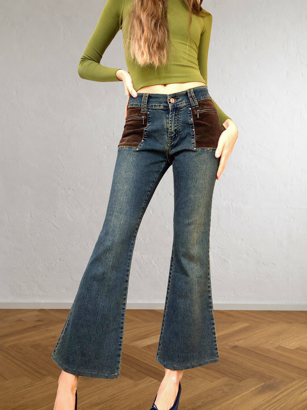Jeans patchwork a coste marroni anni 90