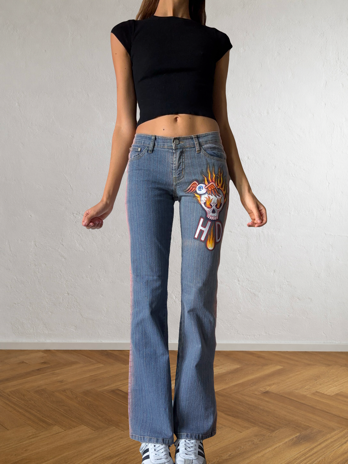 2000s flared jeans with hand-drawn designs