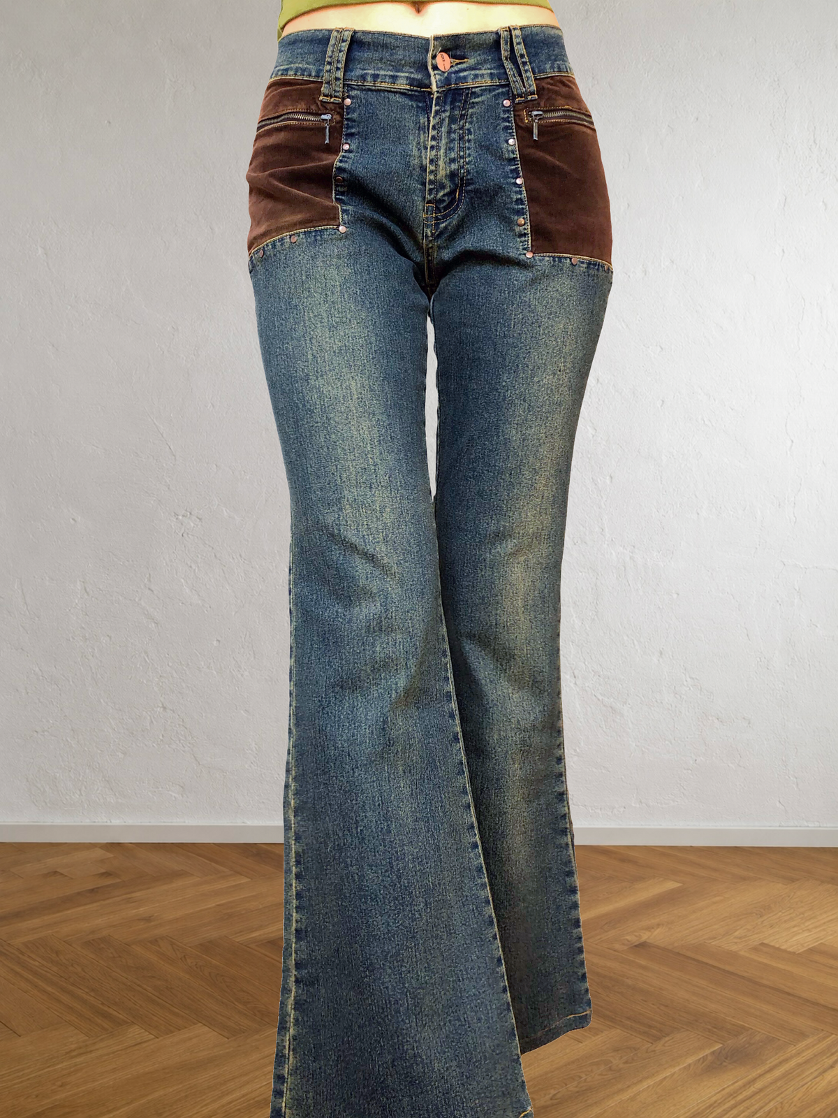 Jeans patchwork a coste marroni anni 90