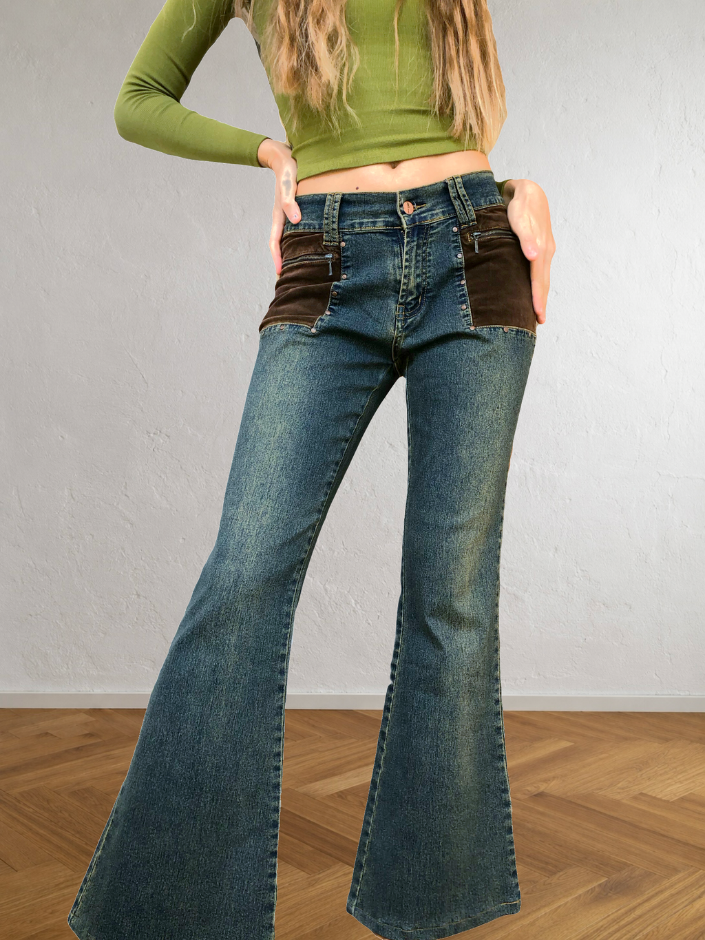 Jeans patchwork a coste marroni anni 90