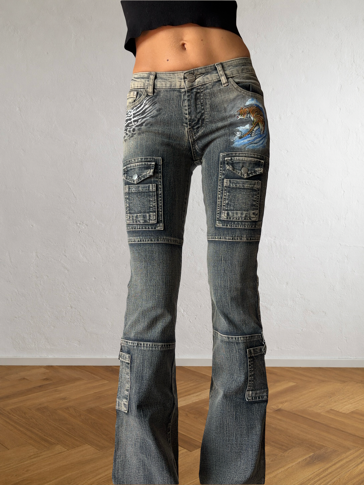 Jeans svasati cargo con disegni fatti a mano anni 2000