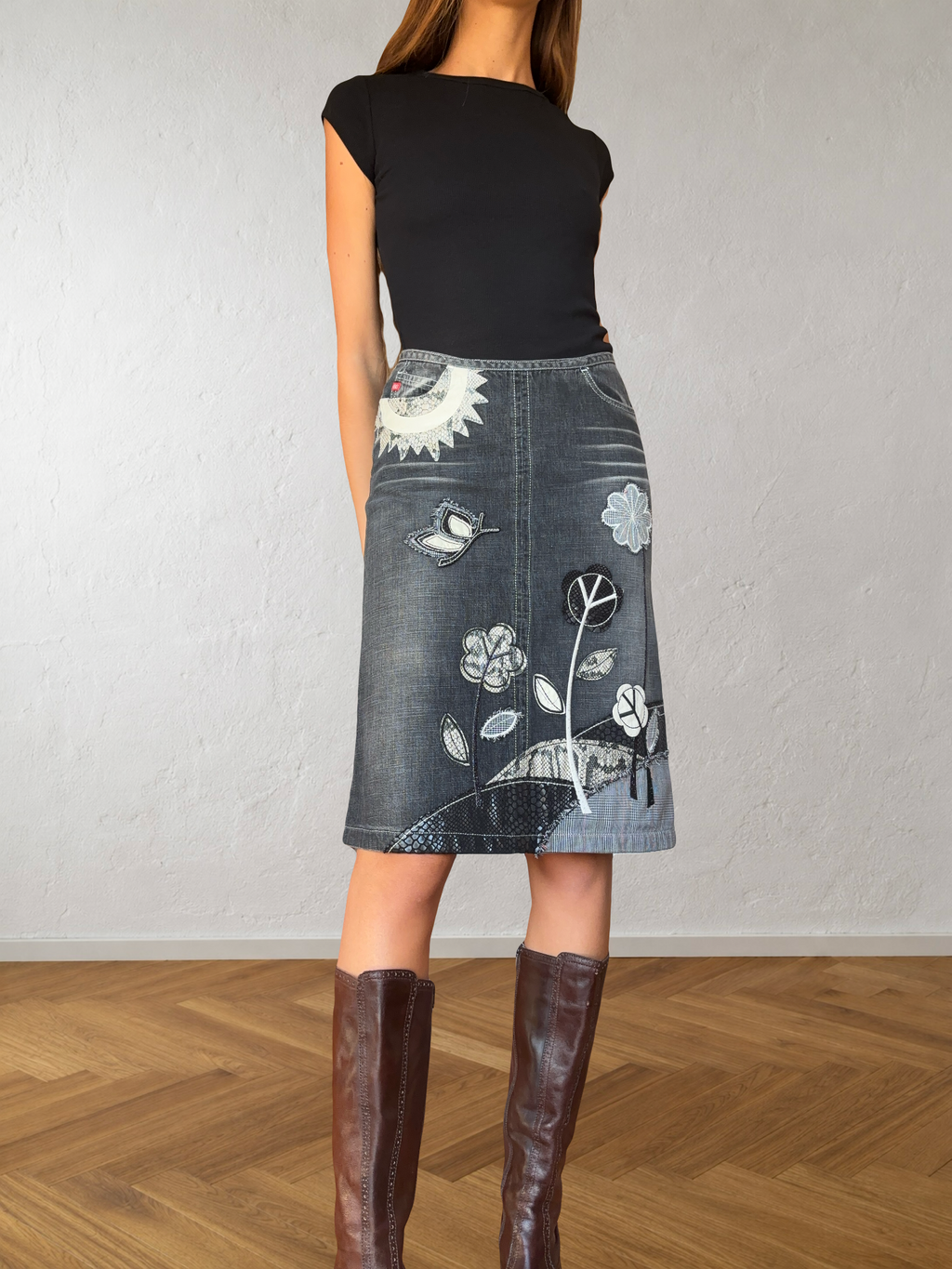 Gonna Miss Sixty denim grigio ricamata fiori