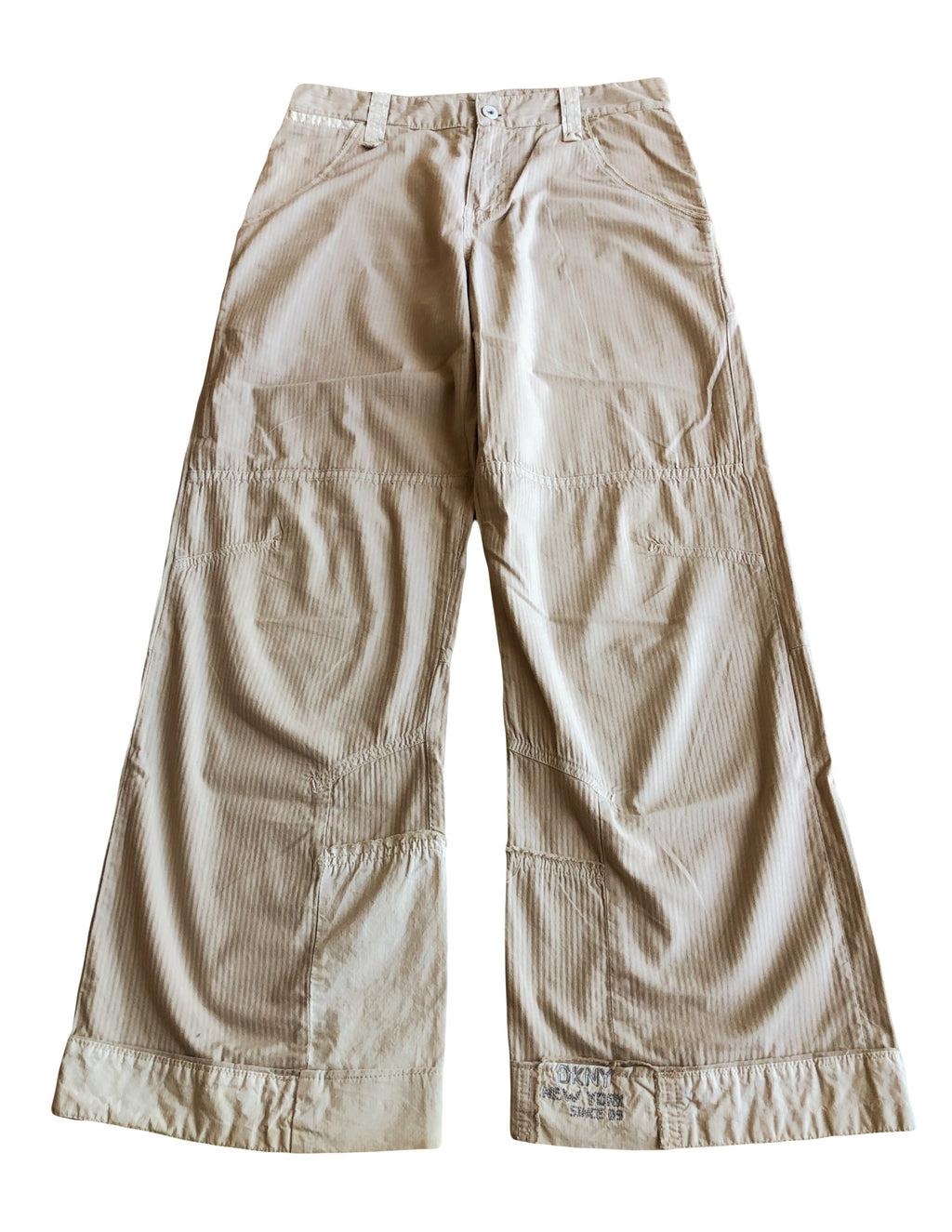 Beige wide-leg cargo pants with light-colored inserts