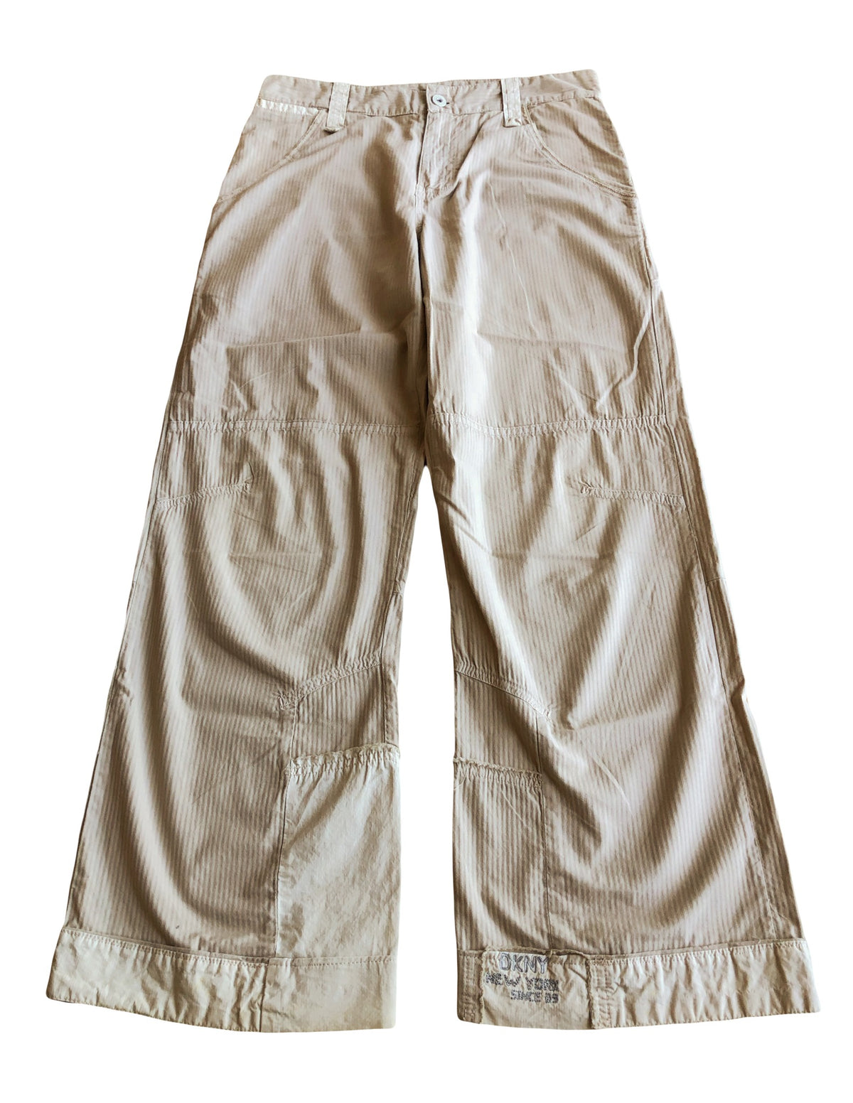 Beige wide-leg cargo pants with light-colored inserts
