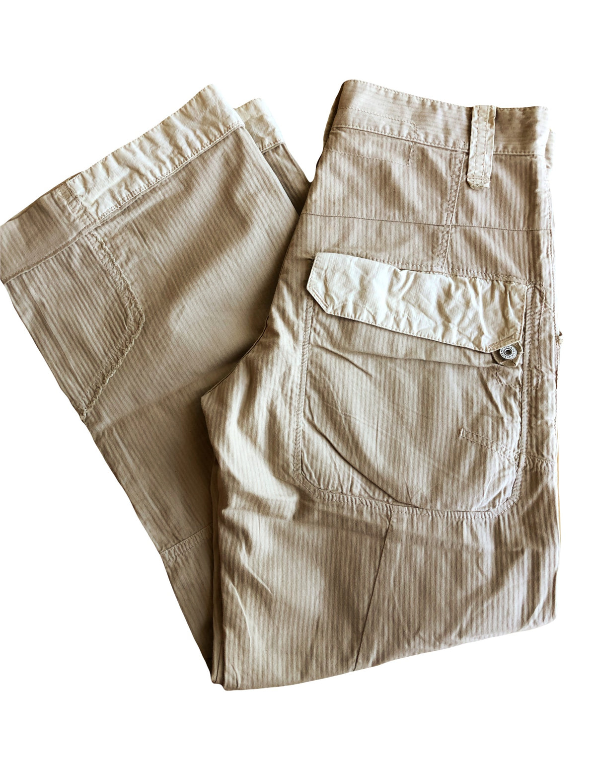 Beige wide-leg cargo pants with light-colored inserts