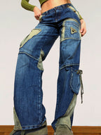 Jean cargo patchwork évasé vert d'eau style années 90