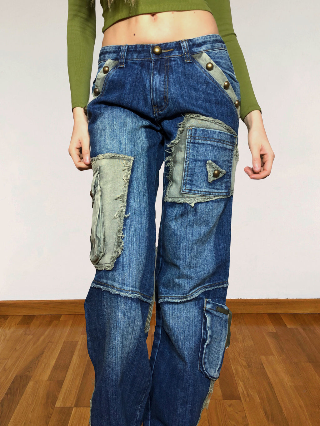 Jean cargo patchwork évasé vert d'eau style années 90