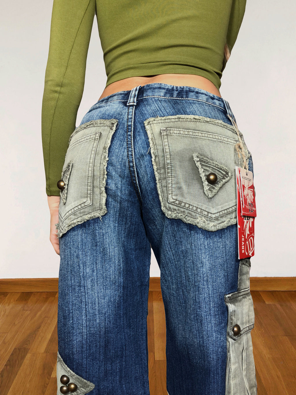 Jean cargo patchwork évasé vert d'eau style années 90