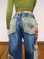 Jean cargo patchwork évasé vert d'eau style années 90
