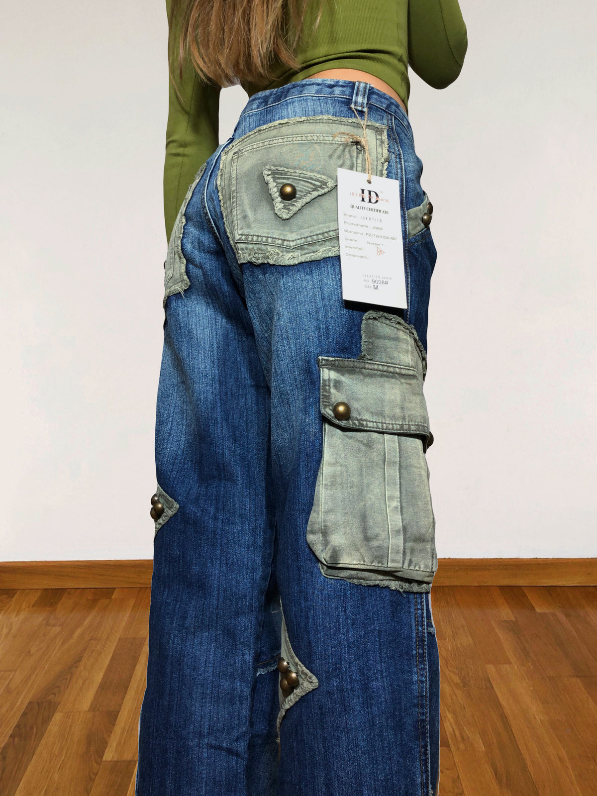 Jean cargo patchwork évasé vert d'eau style années 90