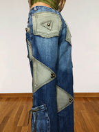 Jean cargo patchwork évasé vert d'eau style années 90