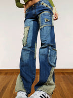 Jean cargo patchwork évasé vert d'eau style années 90