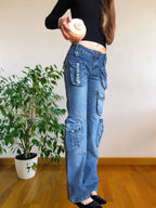 Jeans vintage anni 90 svasati. Molteplici tasche tonde