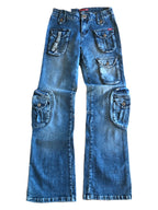 Jeans vintage anni 90 svasati. Molteplici tasche tonde