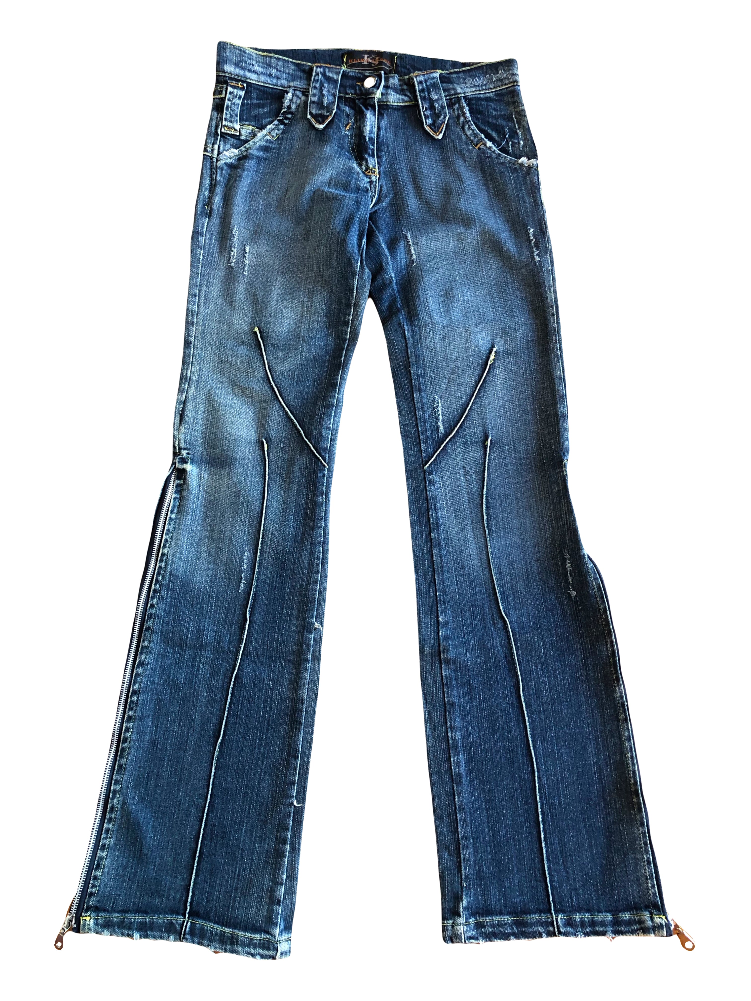 Jeans Vintage anni 90 con sagomature chiare. Svasati zip in fondo