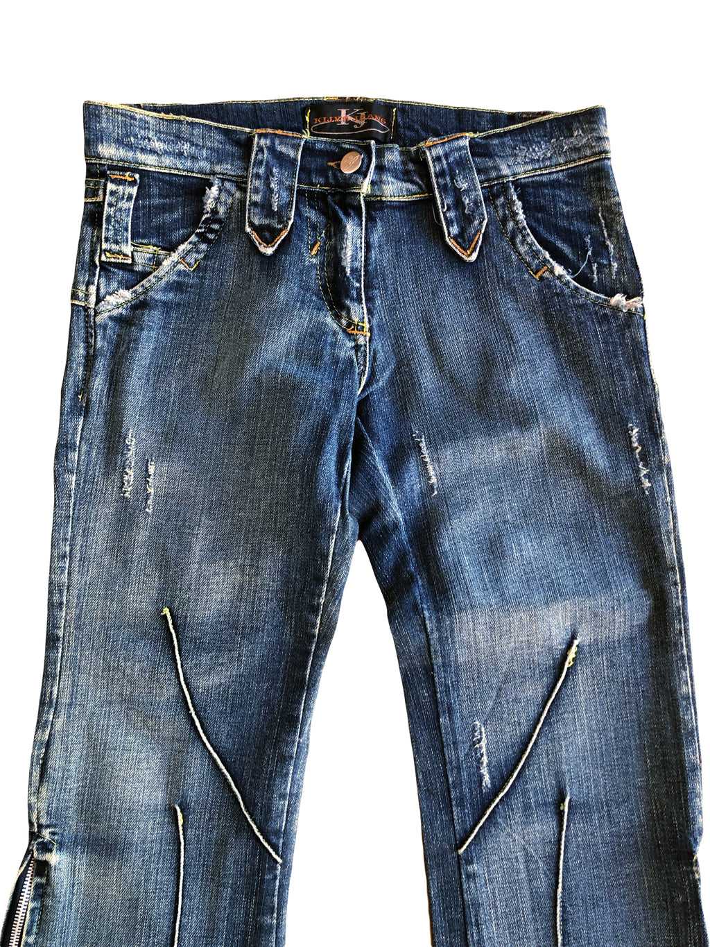 Jeans Vintage anni 90 con sagomature chiare. Svasati zip in fondo