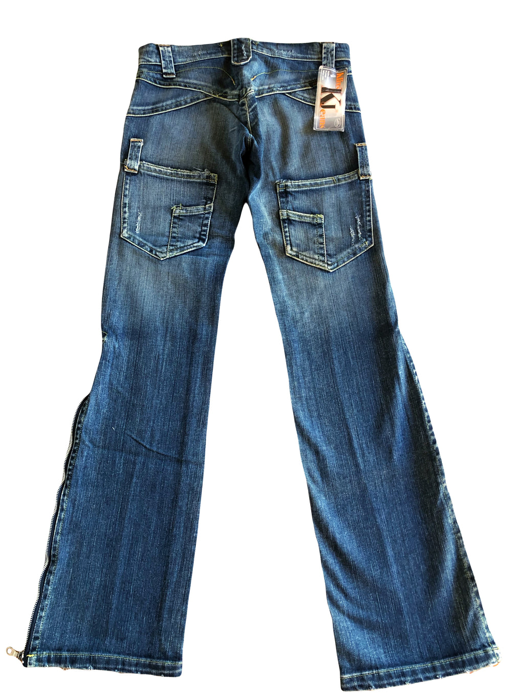 Jeans Vintage anni 90 con sagomature chiare. Svasati zip in fondo