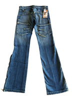 Jeans Vintage anni 90 con sagomature chiare. Svasati zip in fondo