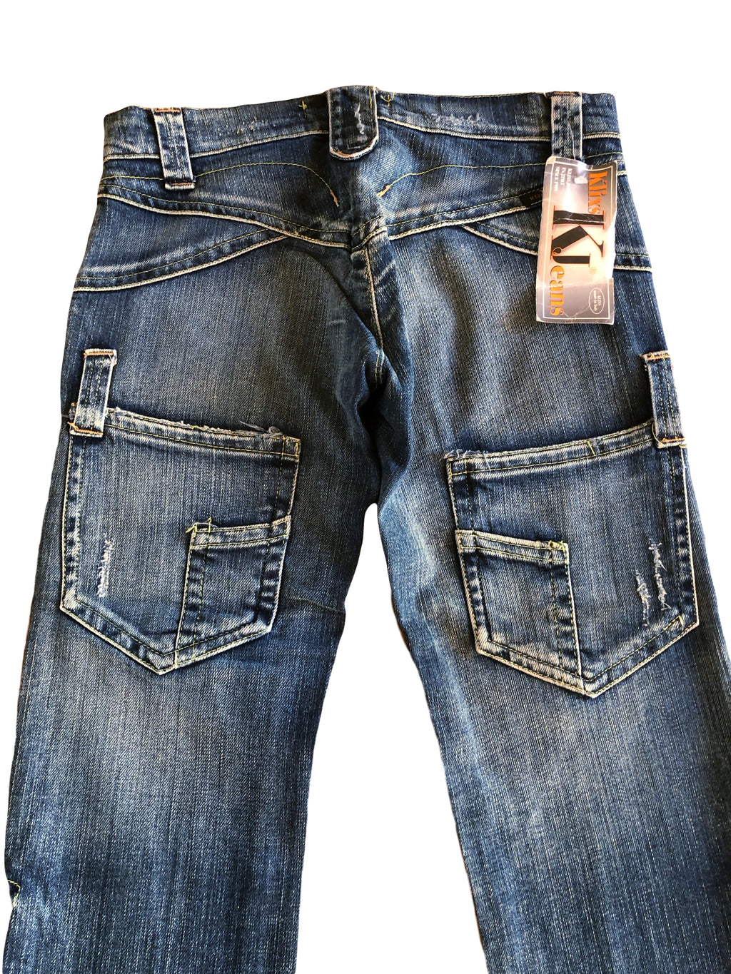 Jeans Vintage anni 90 con sagomature chiare. Svasati zip in fondo
