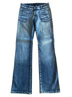 Jeans chiari vintage anni 90 svasati. Tasche frontali vita bassa