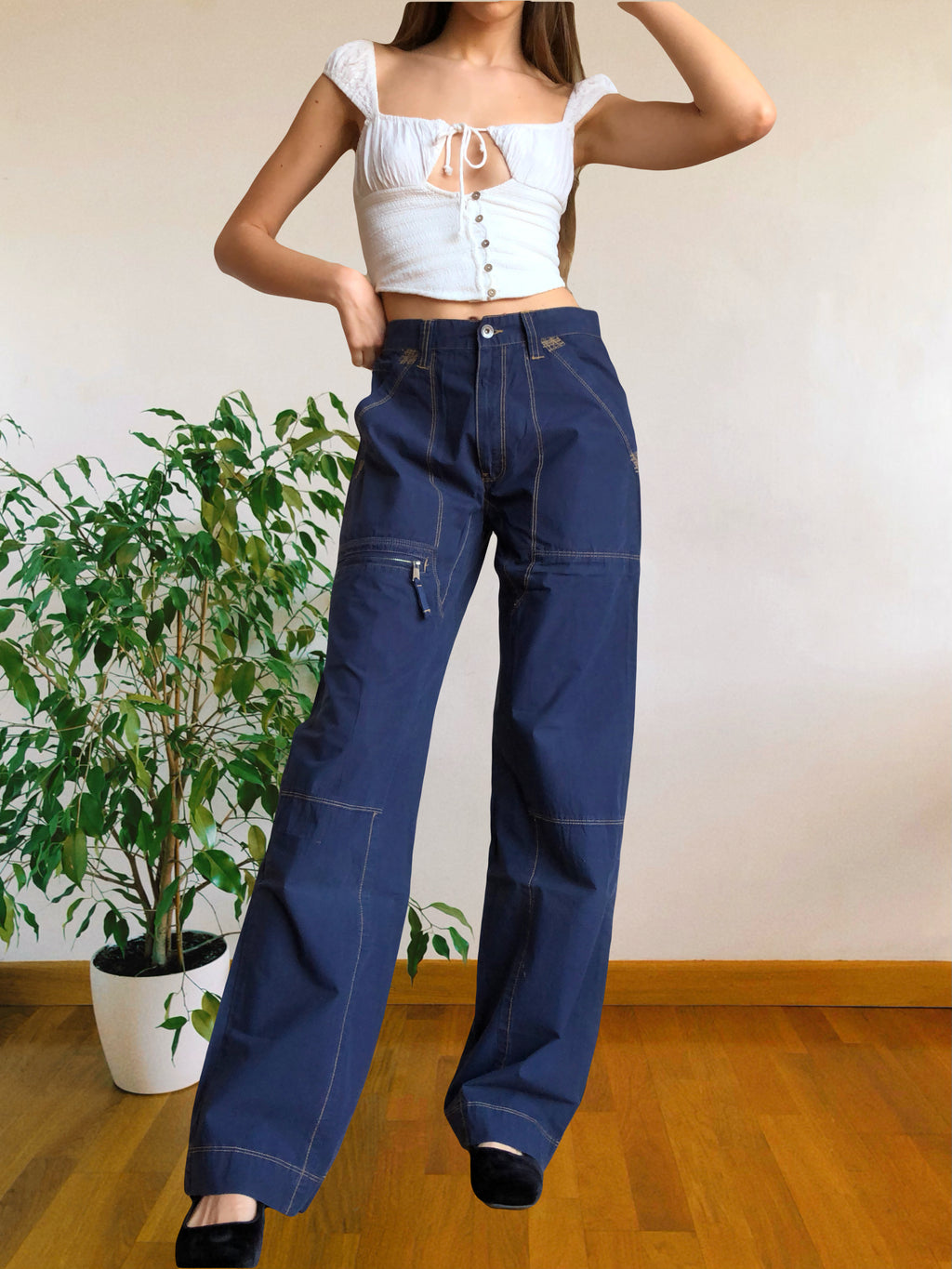 Pantaloni Vintage blu anni 90 Cargo con Gamba ampia