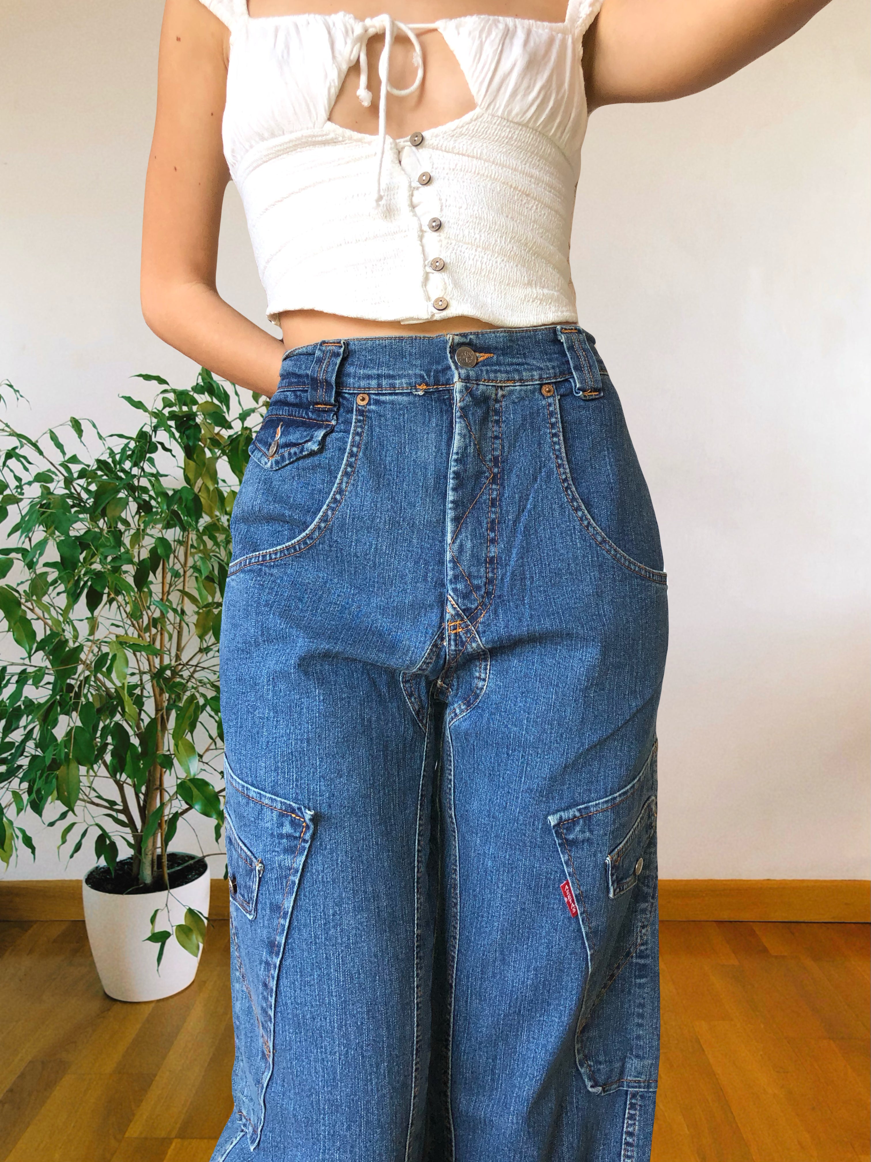 Jeans Cargo Vintage anni 90 con tasche grandi. Gamba ampia