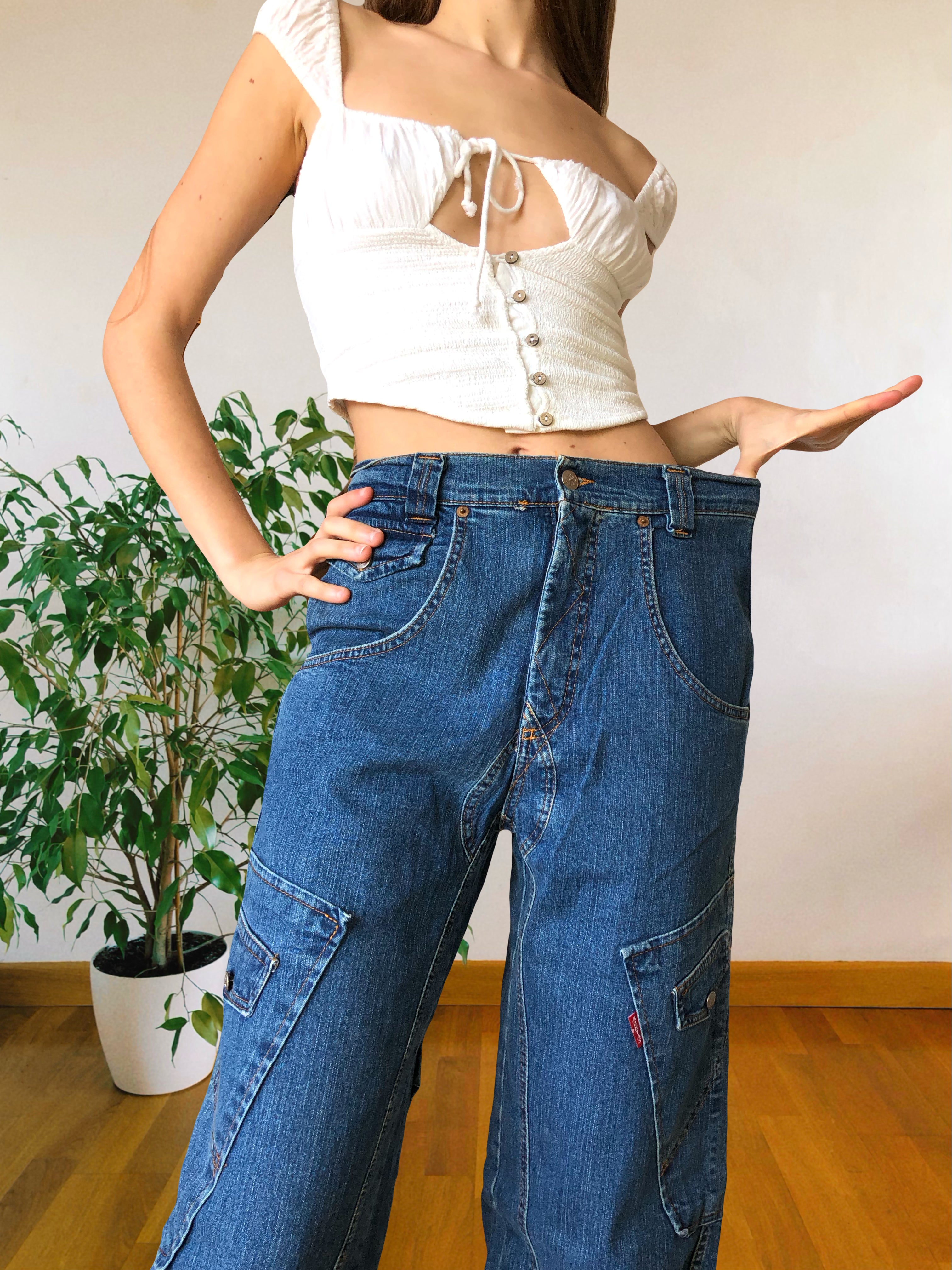 Jeans Cargo Vintage anni 90 con tasche grandi. Gamba ampia