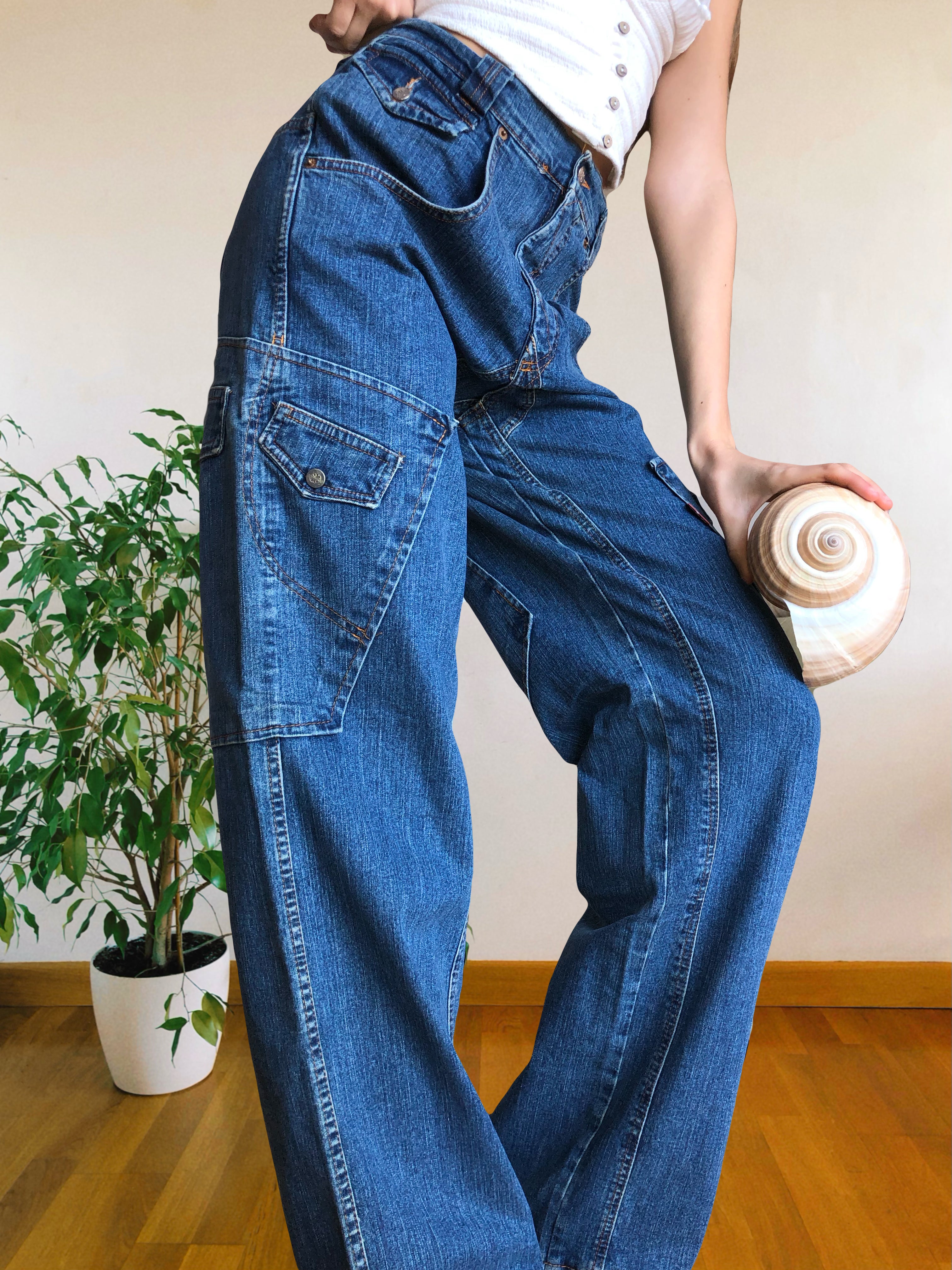Jeans Cargo Vintage anni 90 con tasche grandi. Gamba ampia