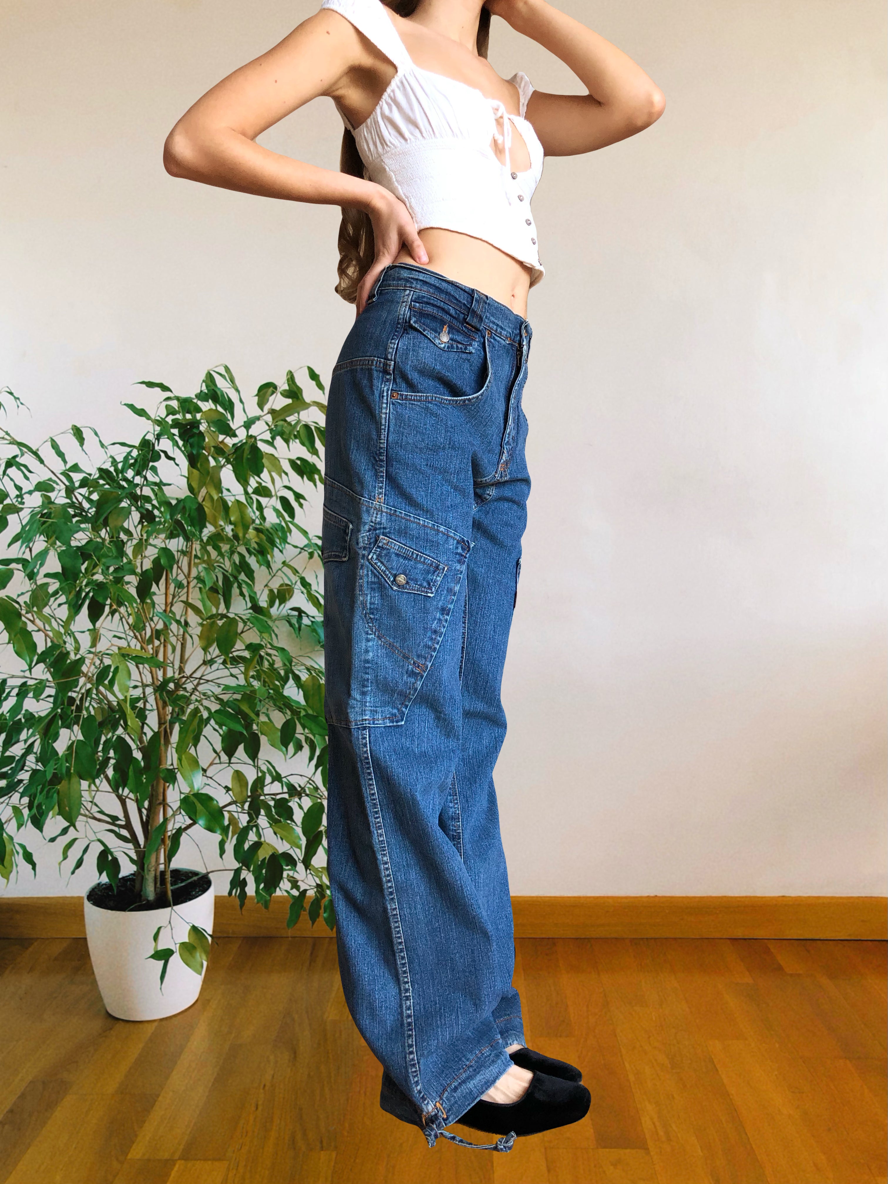 Jeans Cargo Vintage anni 90 con tasche grandi. Gamba ampia