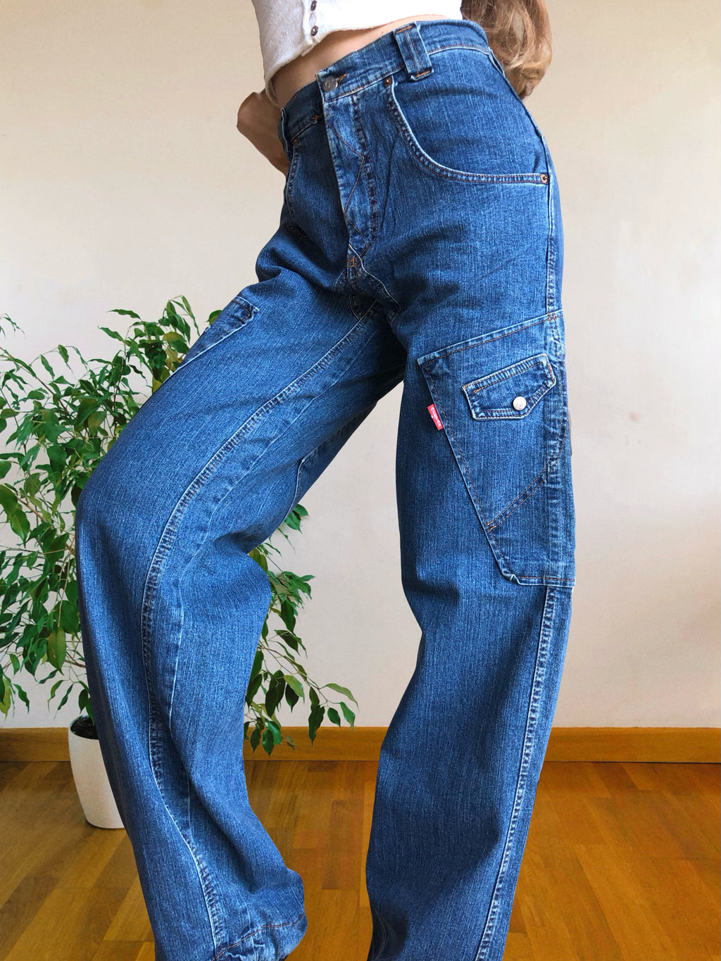 Jeans Cargo Vintage anni 90 con tasche grandi. Gamba ampia