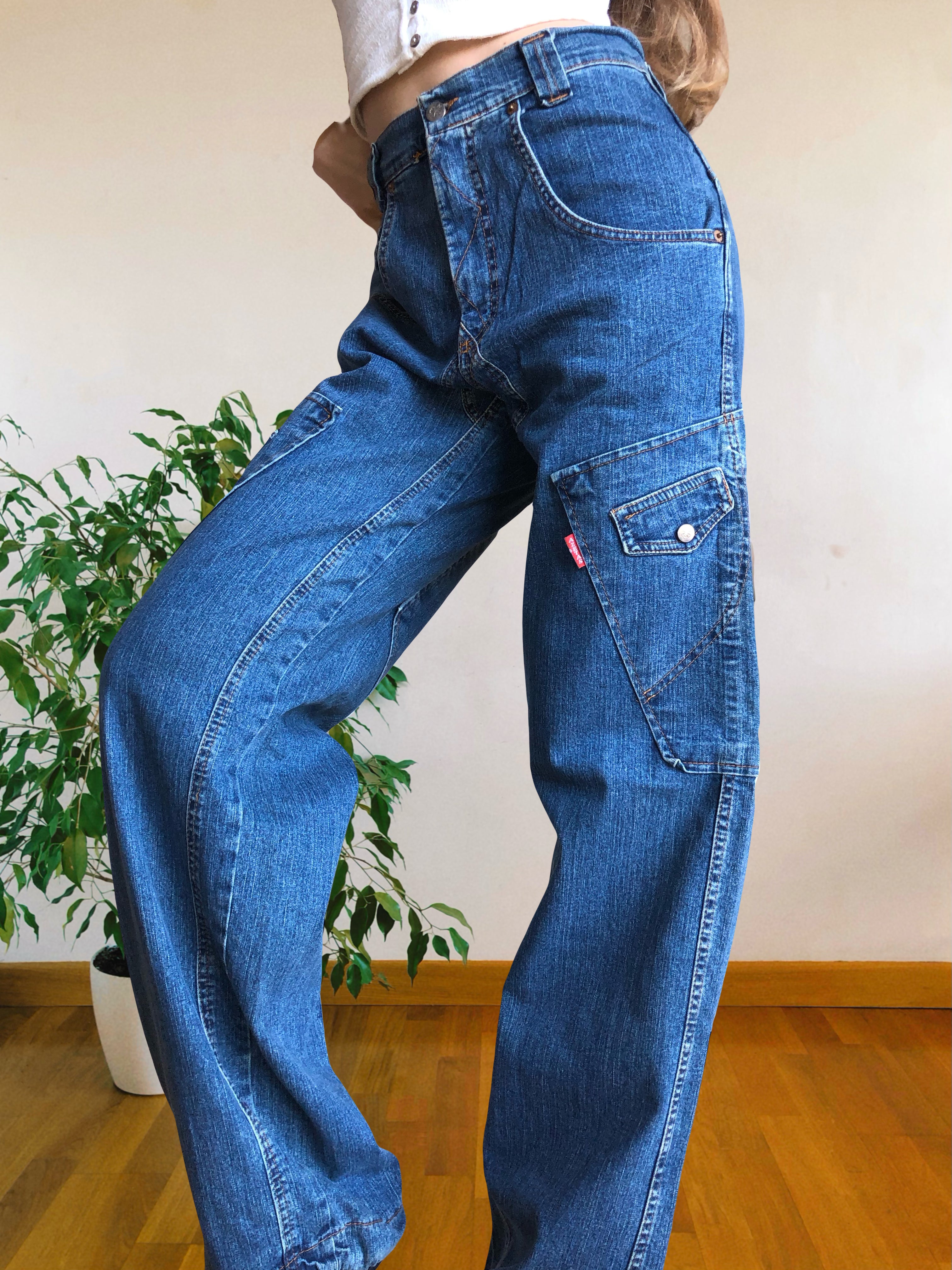 Jeans Cargo Vintage anni 90 con tasche grandi. Gamba ampia