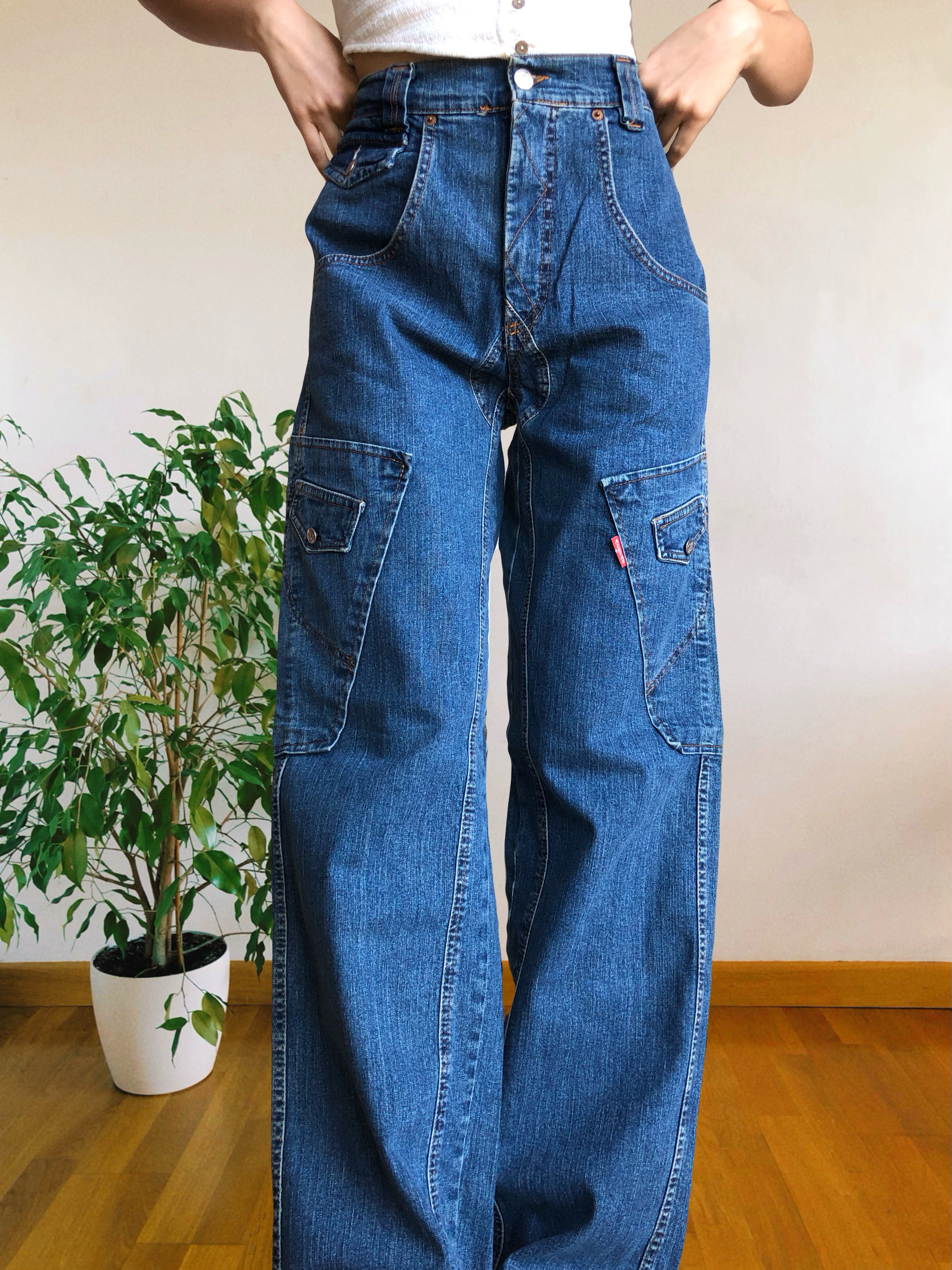 Jeans Cargo Vintage anni 90 con tasche grandi. Gamba ampia