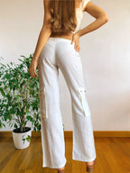 Pantaloni Bianchi Vintage anni 2000 in lino. Tasche Cargo e vita bassa con laccio
