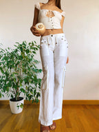 Pantaloni Bianchi Vintage anni 2000 in lino. Tasche Cargo e vita bassa con laccio