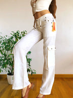 Pantaloni Bianchi Vintage anni 2000 in lino. Tasche Cargo e vita bassa con laccio