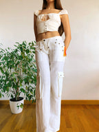 Pantaloni Bianchi Vintage anni 2000 in lino. Tasche Cargo e vita bassa con laccio