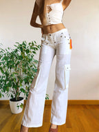 Pantaloni Bianchi Vintage anni 2000 in lino. Tasche Cargo e vita bassa con laccio