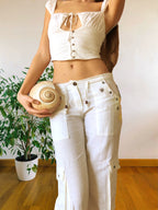 Pantaloni Bianchi Vintage anni 2000 in lino. Tasche Cargo e vita bassa con laccio