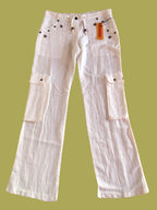 Pantaloni Bianchi Vintage anni 2000 in lino. Tasche Cargo e vita bassa con laccio