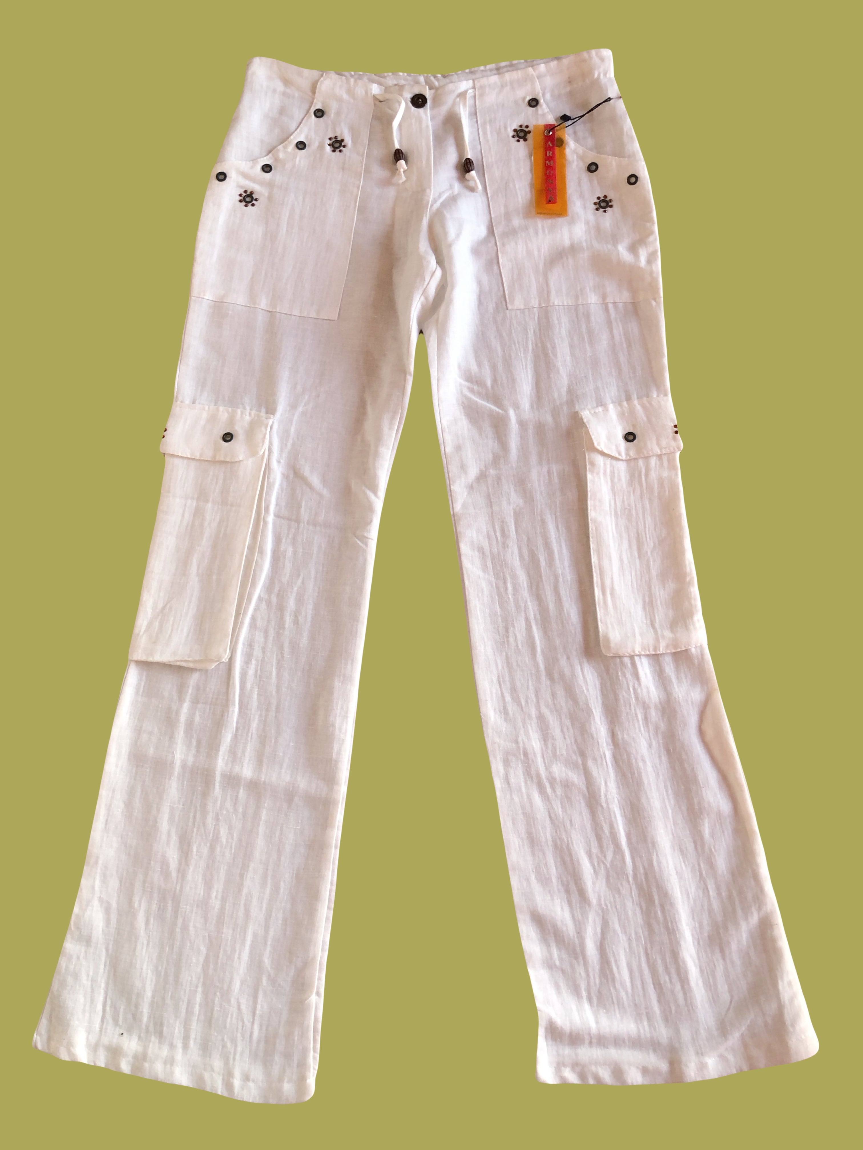Pantaloni Bianchi Vintage anni 2000 in lino. Tasche Cargo e vita bassa con laccio