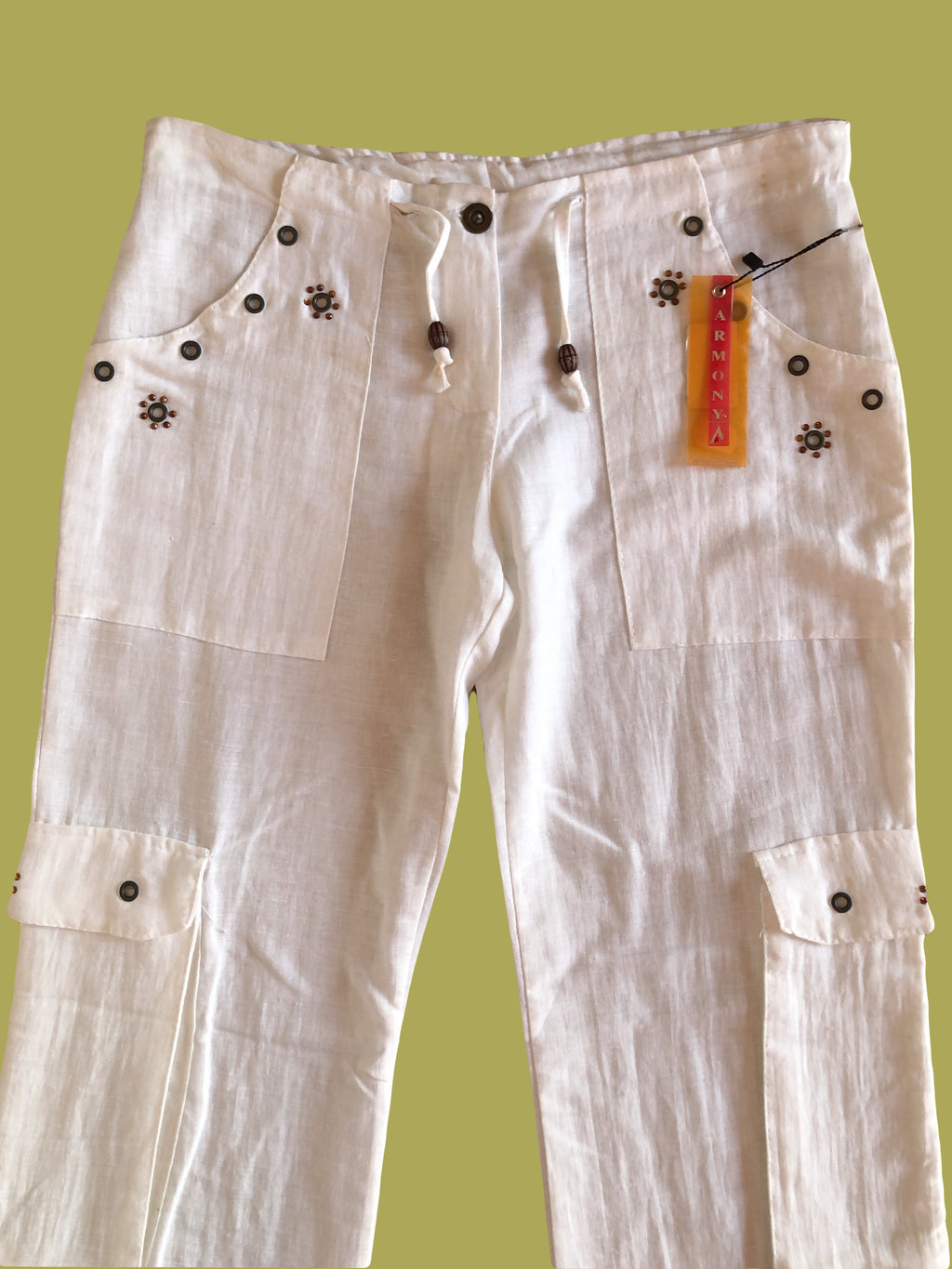 Pantaloni Bianchi Vintage anni 2000 in lino. Tasche Cargo e vita bassa con laccio