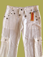 Pantaloni Bianchi Vintage anni 2000 in lino. Tasche Cargo e vita bassa con laccio
