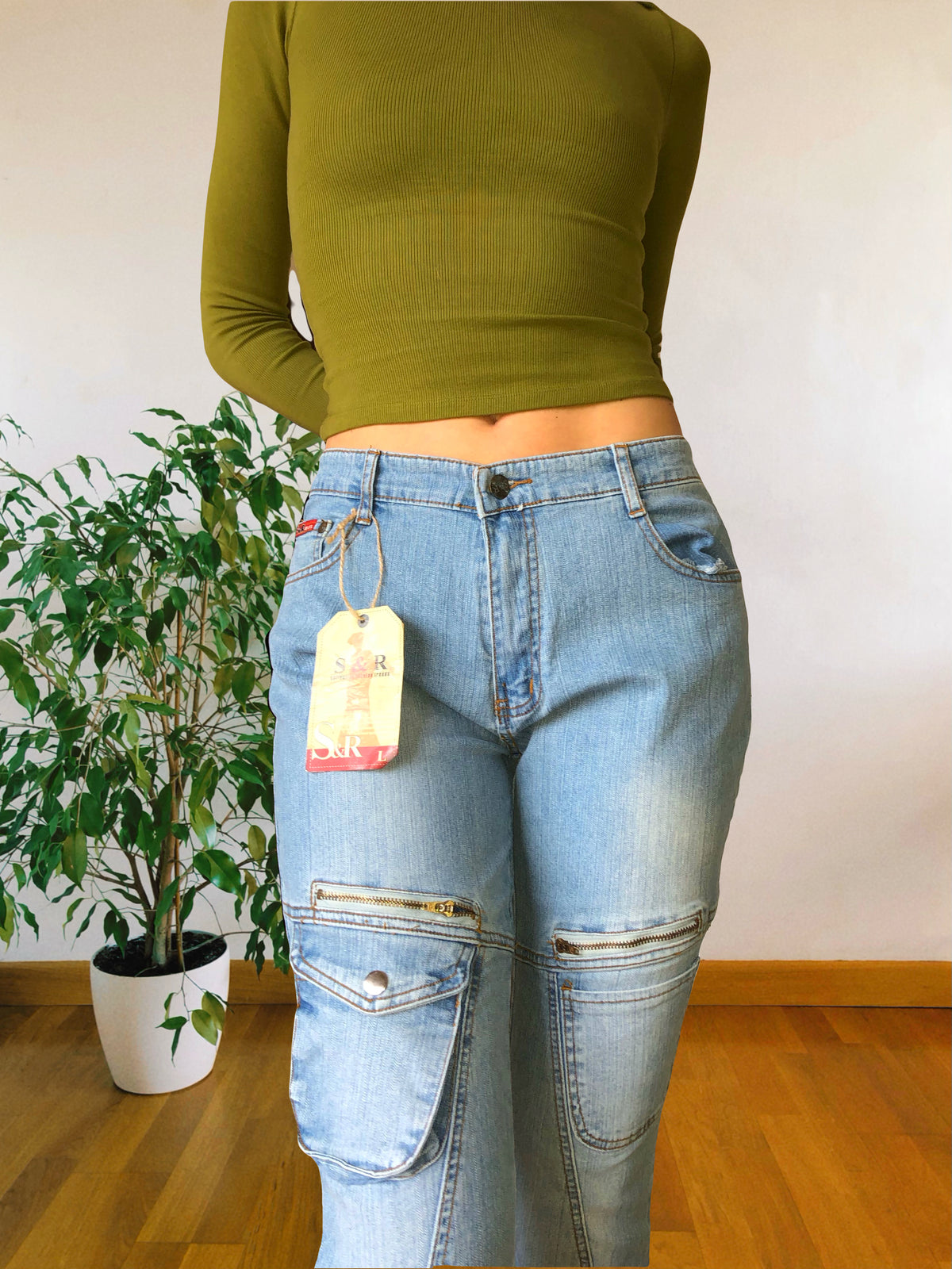 Jean flare clair style années 90 avec poches et zip