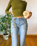 Jeans clairs évasés des années 90 avec fermeture éclair et poches
