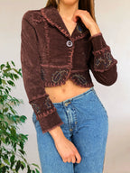 Blazer crop top marrone borgogna con cuciture e ricami